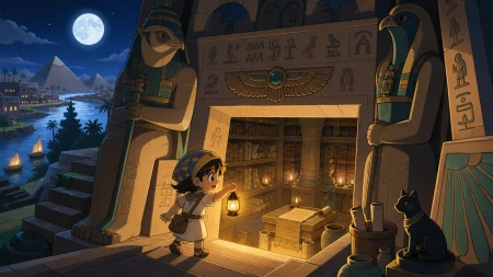 A hidden library opening beneath a desert shrine, when a familiar monument reveals an impossible inner chamber. Low ceremonial view using colossal architecture to frame one human a