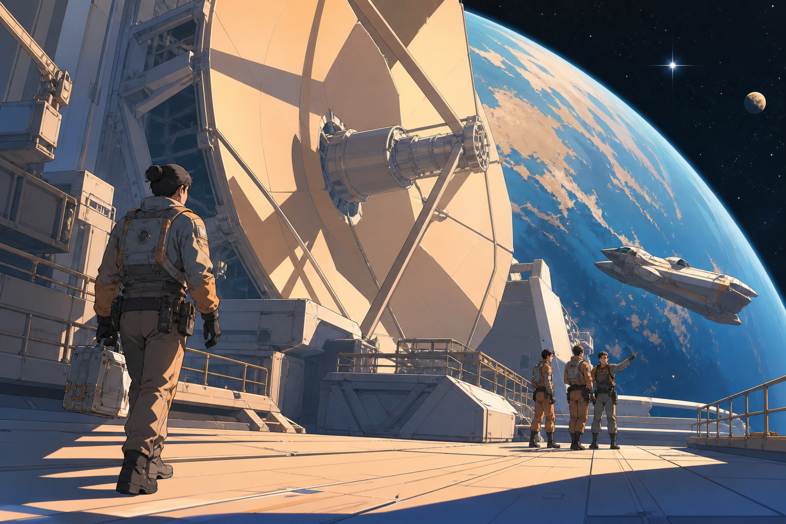 An adult engineer walking across the exterior of a city-sized telescope, with vast space balanced by practical human-scale machinery. Wide landing tableau with crew, vessel, and discovery in distinct layers. Sun-bleached