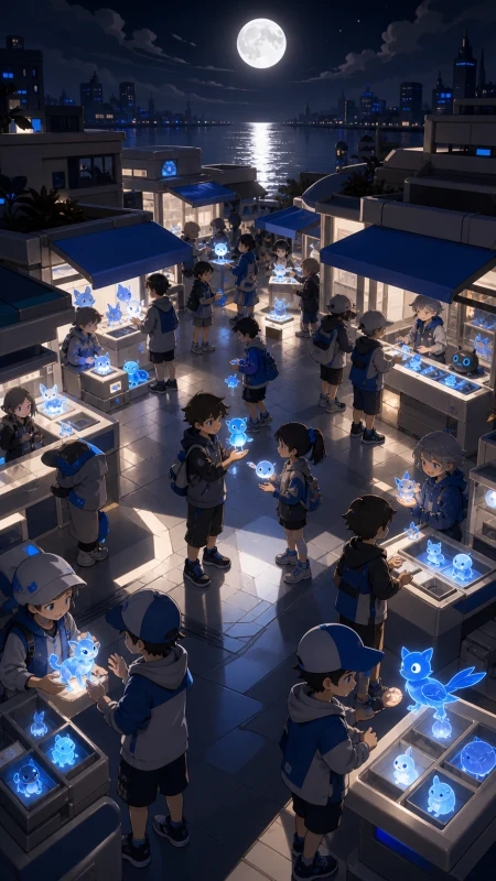 Children trading collectible projections that become small creatures, at the busiest hour with many distinct but readable transactions. Elevated composition revealing intersecting 