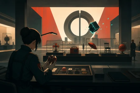 A conservator cataloging ordinary objects recovered from alternate timelines, at the instant one carefully arranged display breaks its established rule. Over-the-shoulder conservat