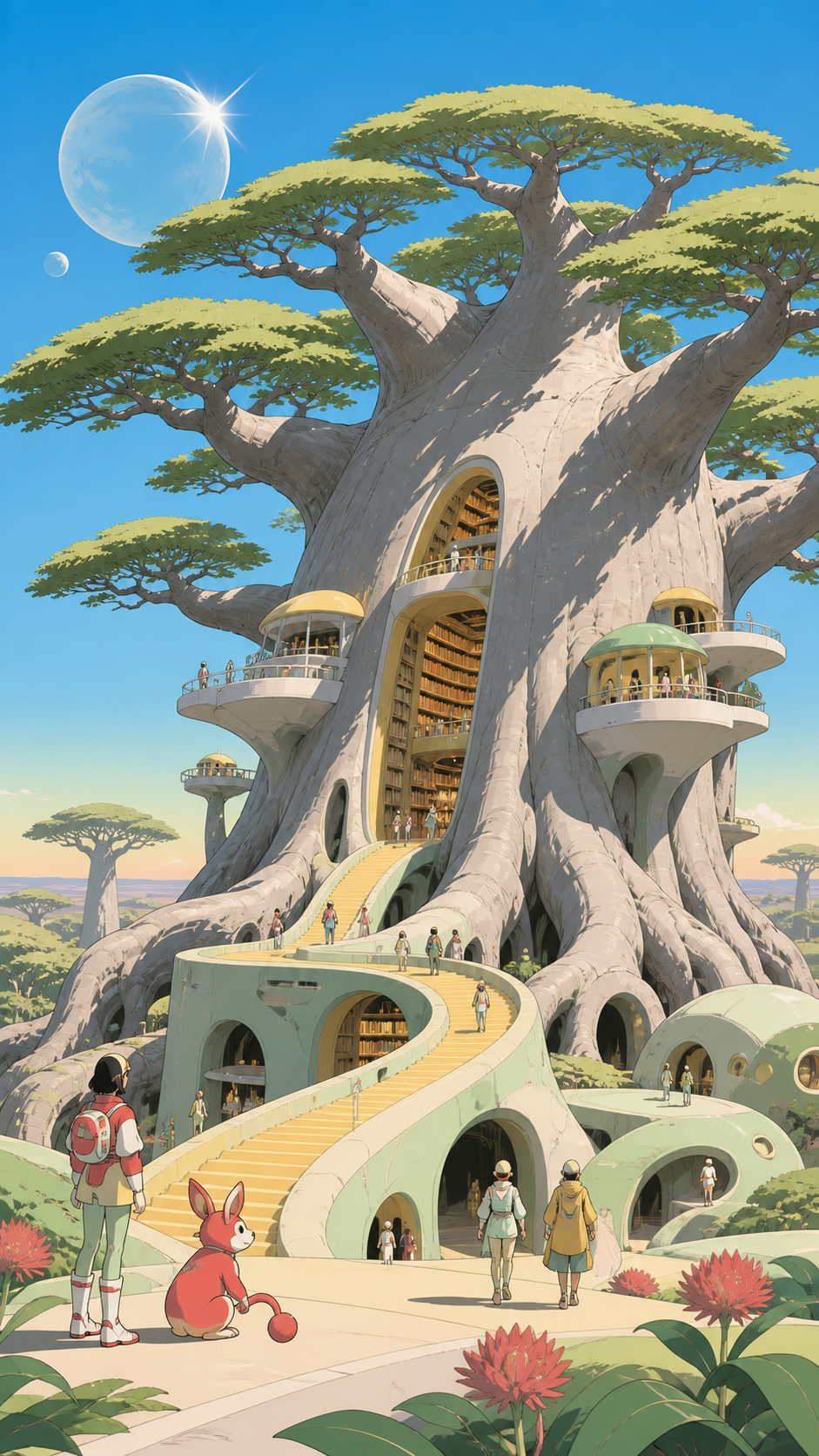 A massive baobab serving as a library for migrating storytellers, with tiny visitors clearly revealing the extraordinary scale. Wide landscape frame with the tree organizing every path and settlement. Soft pistachio, but