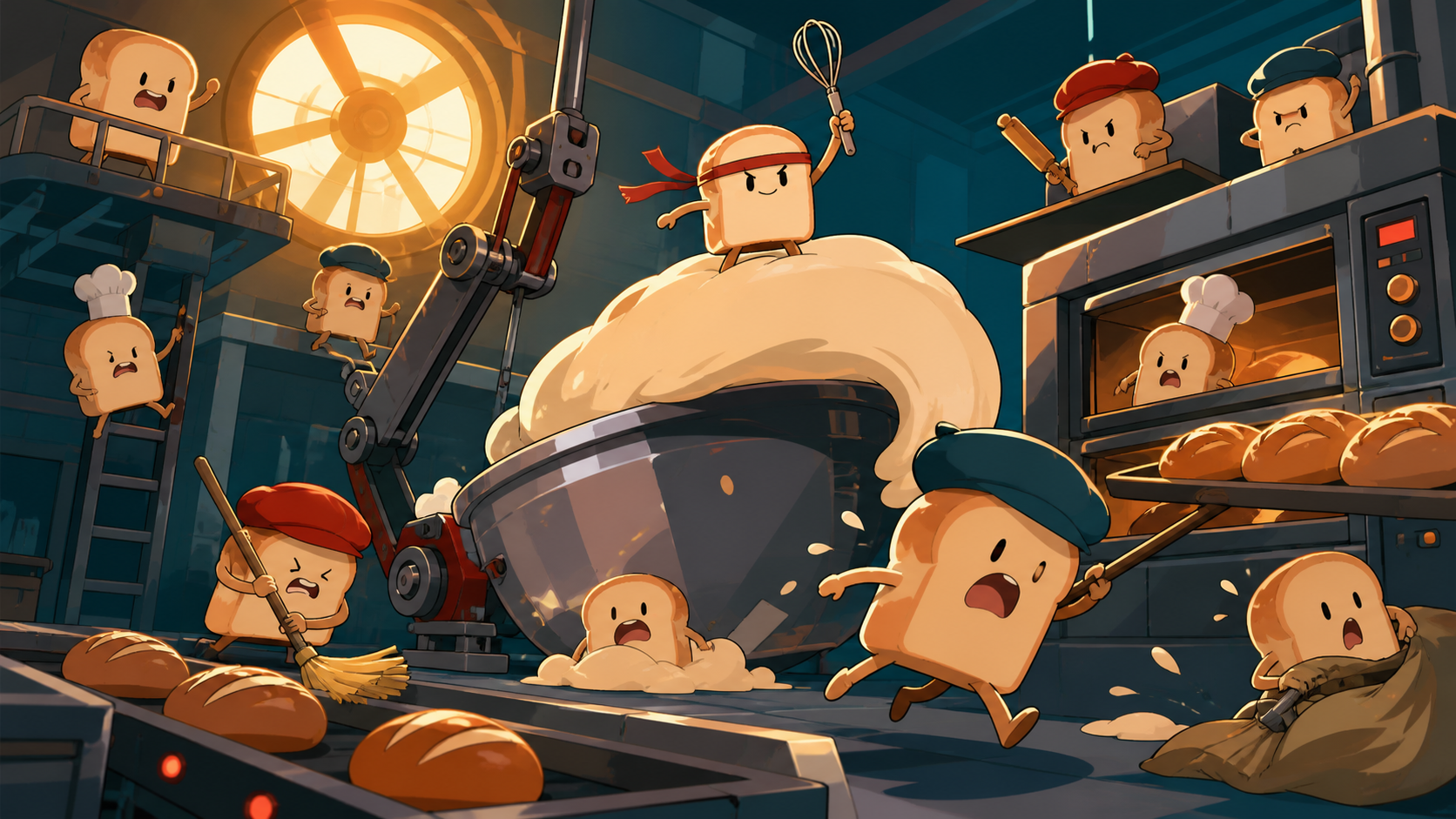 A gang of tiny bread spirits attempting to operate a full-size bakery, working together with tremendous confidence and very little competence. Wide action frame centered on one beautifully timed harmless catastrophe. Pet