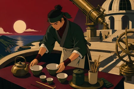A traveling tea master setting a table at the edge of an ancient observatory, during the brief calm immediately before hungry customers arrive. Overhead-leaning composition organiz