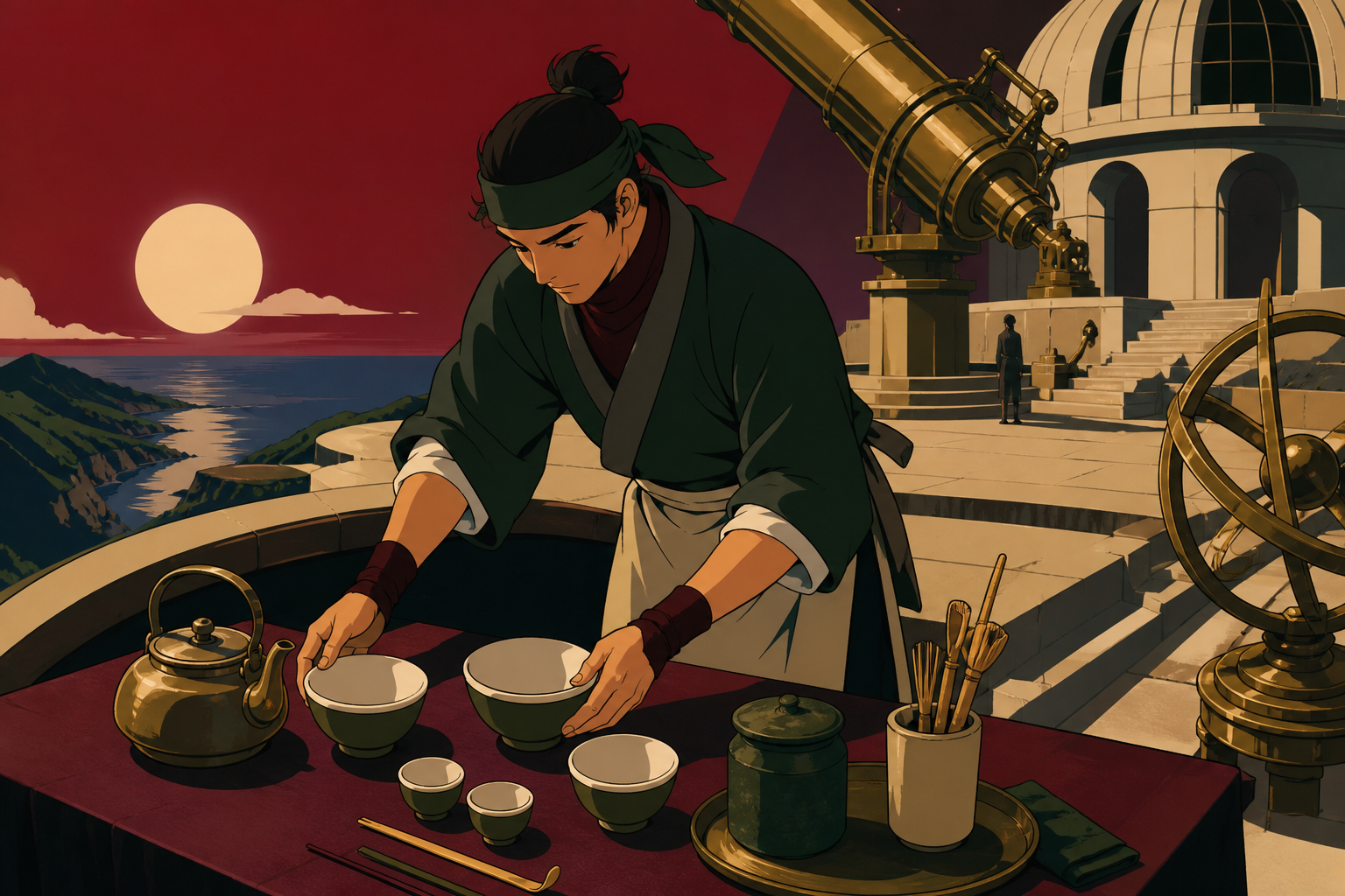 A traveling tea master setting a table at the edge of an ancient observatory, during the brief calm immediately before hungry customers arrive. Overhead-leaning composition organized by hands, bowls, and serving rhythm. 