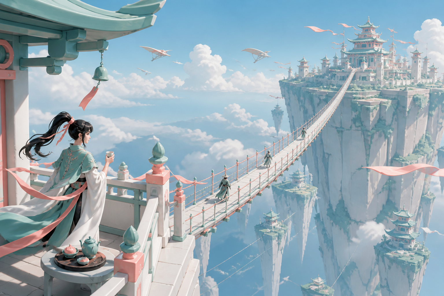 An impossibly long pedestrian bridge connecting two moving sky kingdoms, during clear morning weather that reveals the depth below. Vertigo-inducing vertical composition balanced by a calm foreground activity. Celadon, c