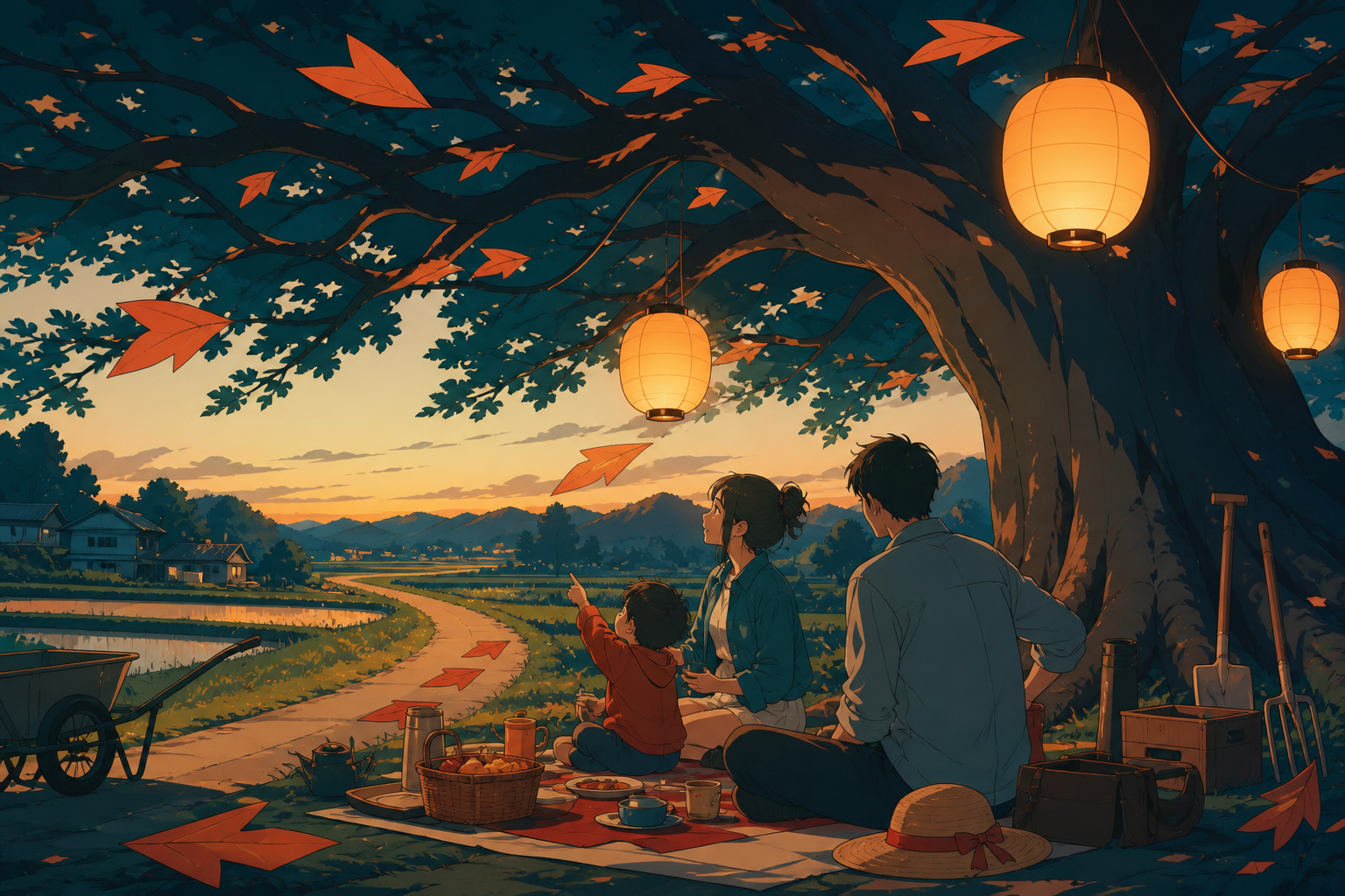 A family picnic beneath a tree whose leaves point toward hidden paths, as a harmless local legend quietly proves true. Warm eye-level narrative frame balanced by a monumental tree. Petrol blue, oxide red, industrial gray