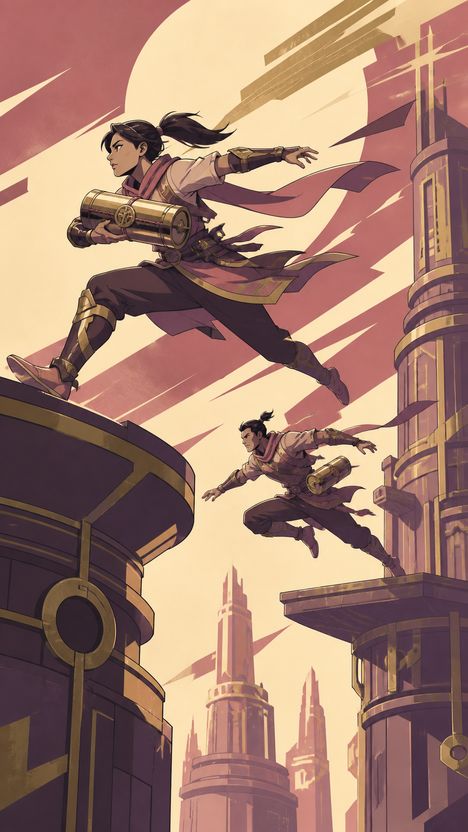 Two adult spell couriers leaping between moving towers to deliver a sealed remedy, during a high-stakes task centered on protection rather than destruction. Wide action frame with a single unmistakable movement direction
