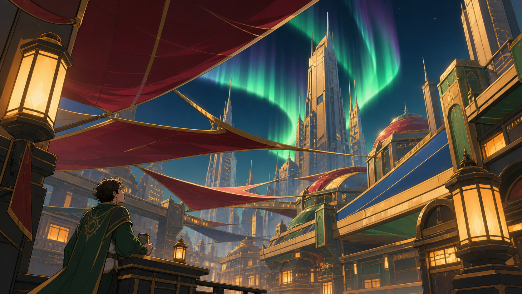 A solar-powered desert city shaded by kilometer-wide silk canopies, as a rare aurora bends around the tallest structures. Street-level cinematic view looking upward through layered architecture. Emerald, stained-glass ru