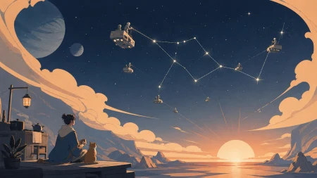 A constellation being carefully stitched back together by tiny maintenance ships, seen during an impossible sunrise with intimate signs of daily life. Expansive widescreen composit