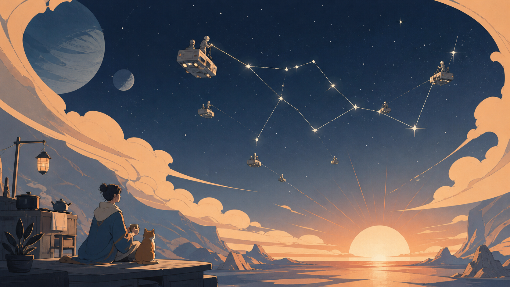A constellation being carefully stitched back together by tiny maintenance ships, seen during an impossible sunrise with intimate signs of daily life. Expansive widescreen composition with strong negative space. Sun-blea