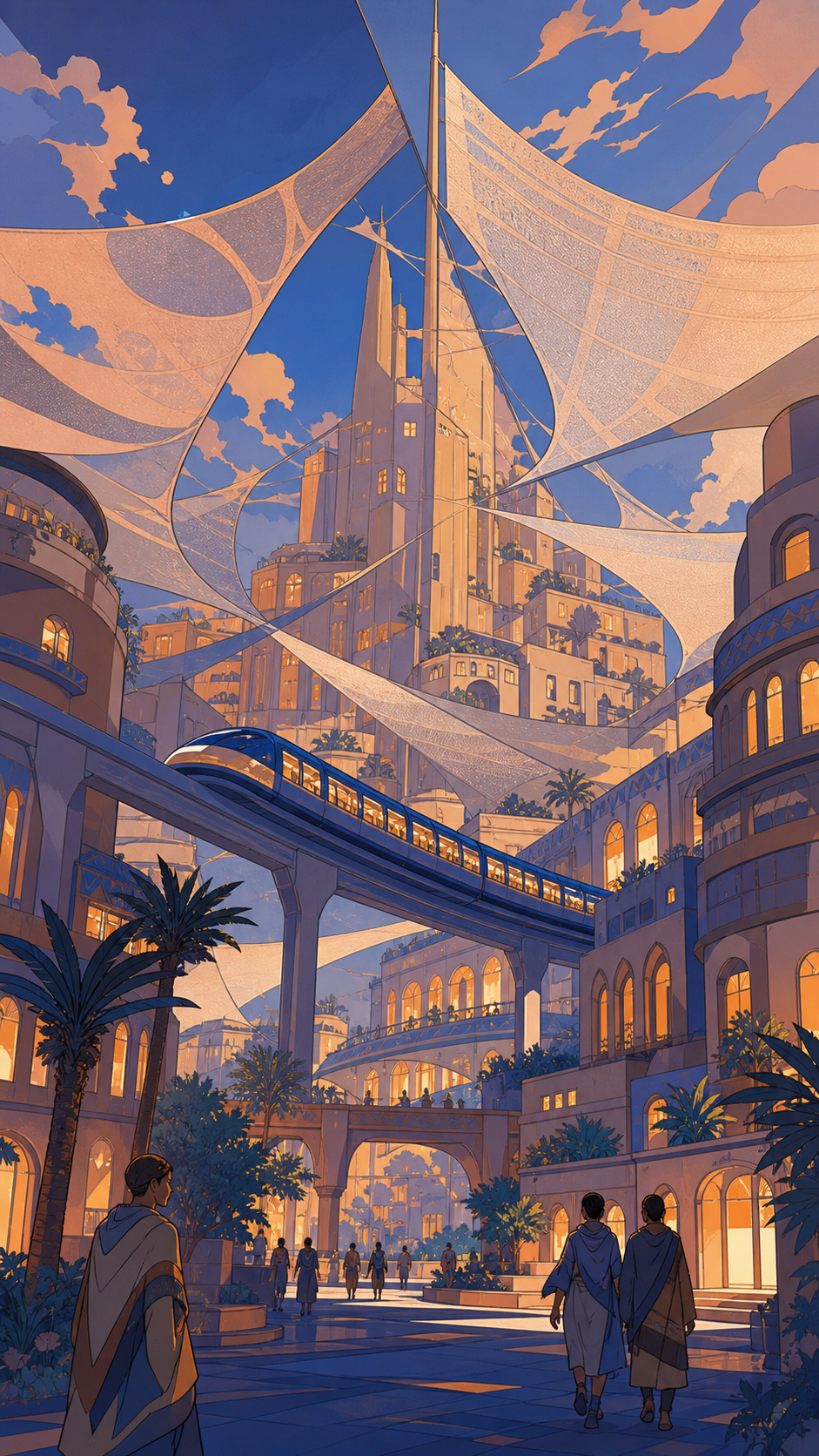 A solar-powered desert city shaded by kilometer-wide silk canopies, during the blue hour as thousands of windows begin to glow. Street-level cinematic view looking upward through layered architecture. Sun-bleached peach,
