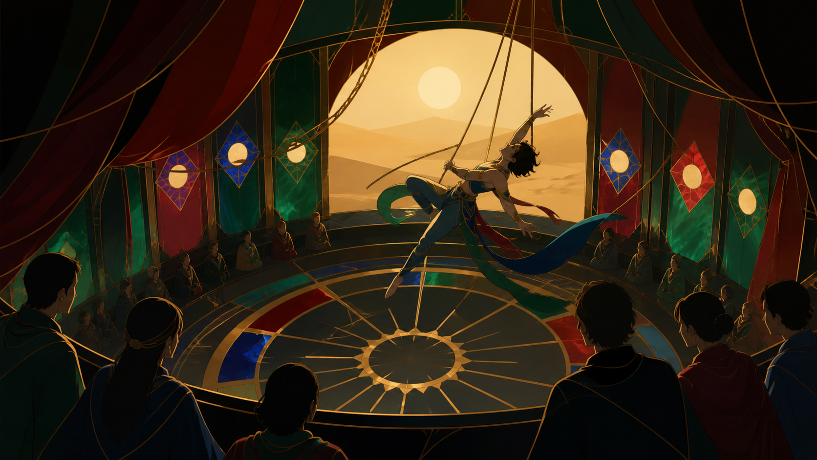 An acrobat performing above a quiet audience in a circular desert pavilion, captured at a precise expressive beat rather than the loudest moment. High balcony view turning choreography into clear graphic patterns. Emeral