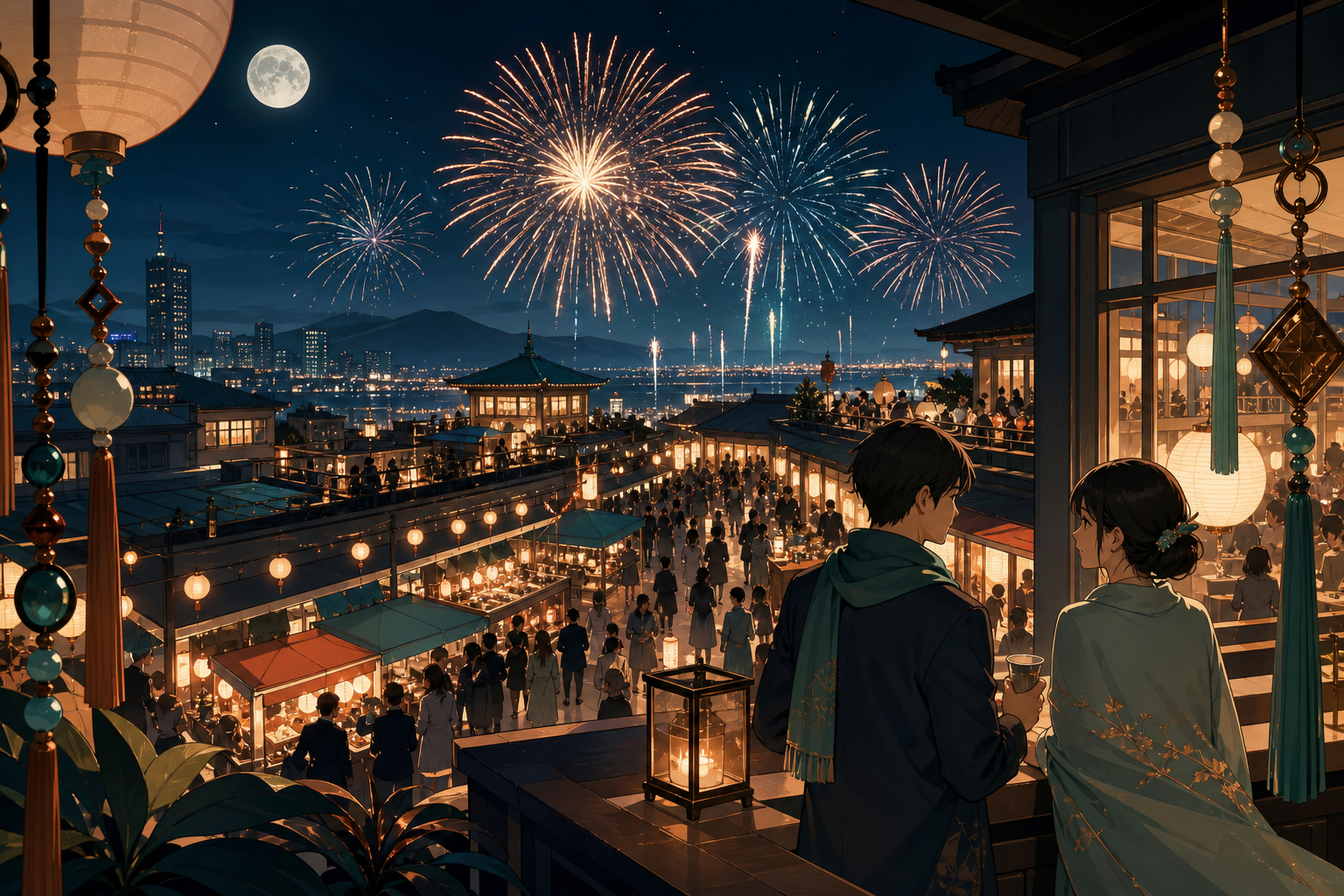 A rooftop fireworks celebration spanning dozens of connected buildings, shown at its busiest while one quiet interaction anchors the scene. Layered festival tableau framed by decorations close to the viewer. Moonlit indi