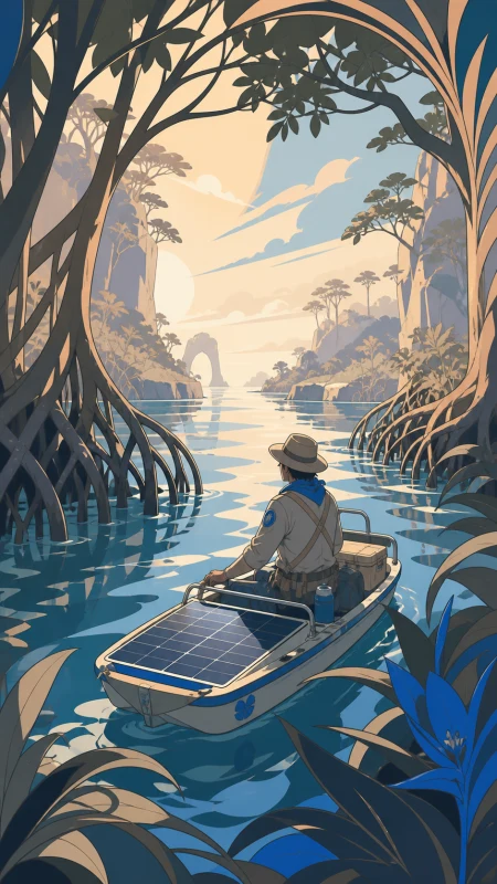An adult ranger traveling through mangrove channels aboard a small solar skiff, during careful exploration centered on observation rather than conquest. Wide travel vista with a cl