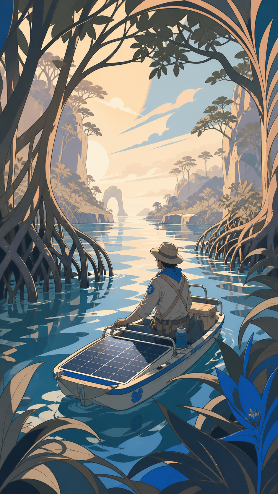 An adult ranger traveling through mangrove channels aboard a small solar skiff, during careful exploration centered on observation rather than conquest. Wide travel vista with a clear route from foreground to destination