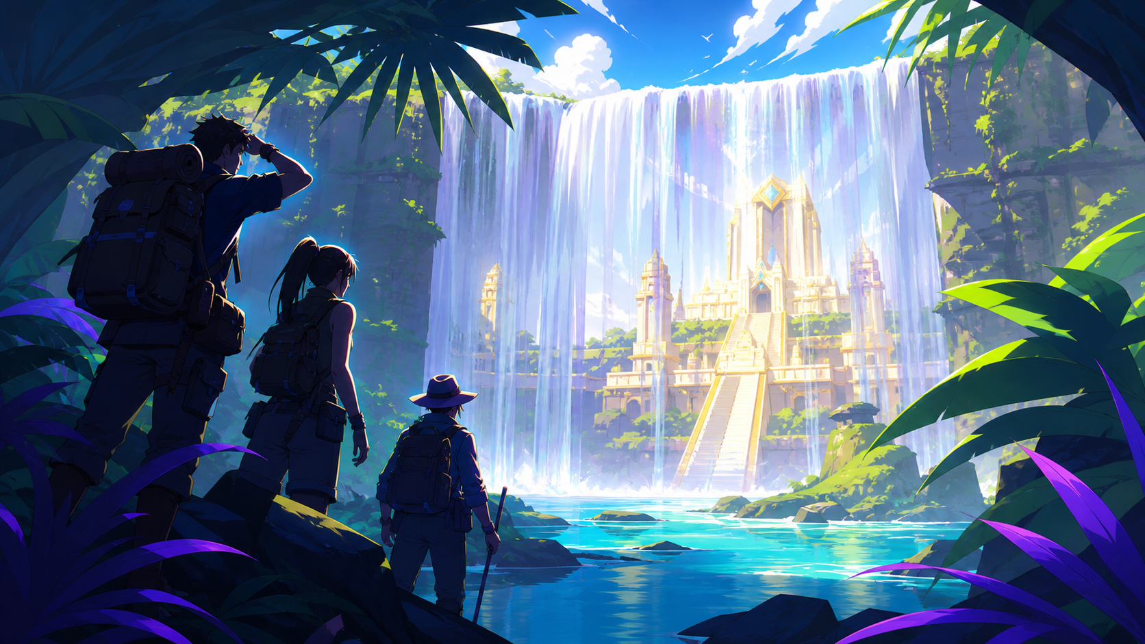 An expedition discovering a bright temple concealed behind a wide waterfall, at the first view of a destination reached after a long journey. Elevated coastal composition balancing settlement, water, and landmark. Acid l