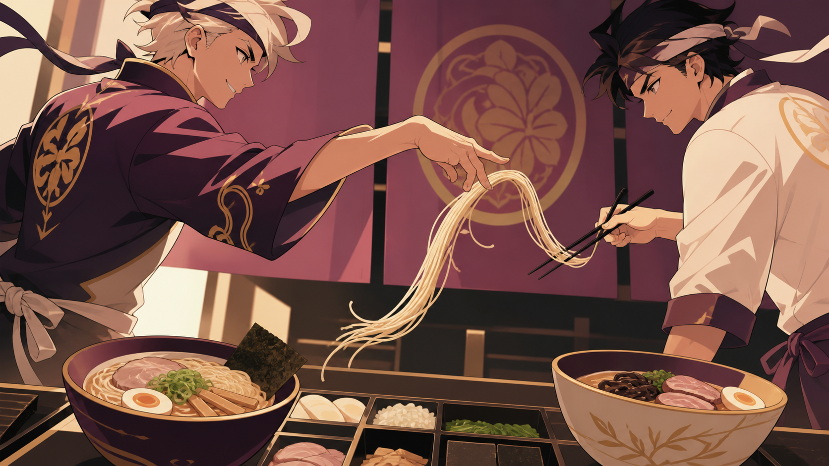 Rival ramen chefs exchanging techniques during a friendly final, at a decisive but joyful moment where technique is clearly visible. Counter-height action view centered on one precise cooking motion. Muted rose, parchmen