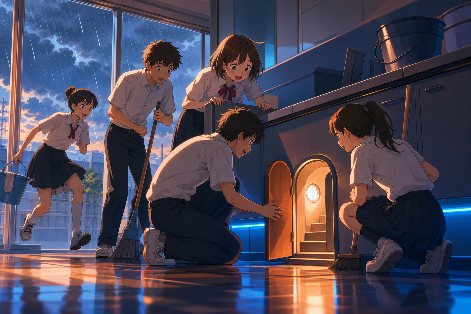 A cheerful class cleaning team finding a miniature door behind a cabinet, during a sudden summer shower that changes everyone's plans. Ensemble frame with each student's role readable at a glance. Sun-bleached peach, des
