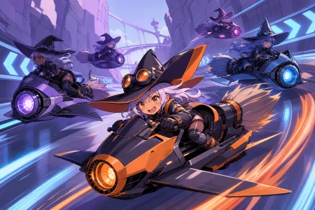 Witches piloting compact broom skiffs through a canyon course, when the smallest competitor surprises the entire field. Dramatic front three-quarter frame with several competitors 