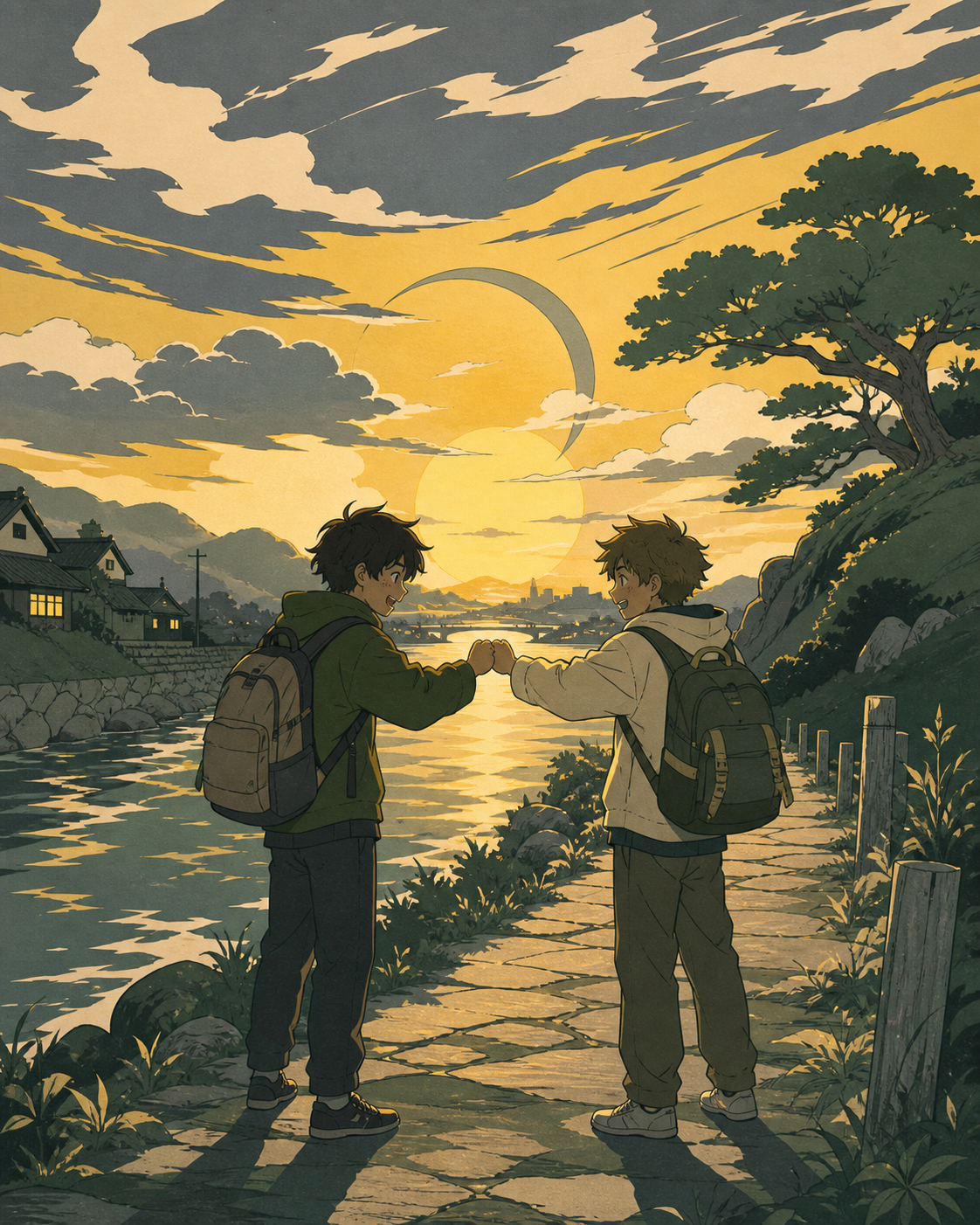 Two best friends reconciling beside a quiet riverside path, on the final evening of a familiar season. Wide quiet frame allowing meaningful space around the friends. Moss green, slate gray, mushroom cream, and warm yello