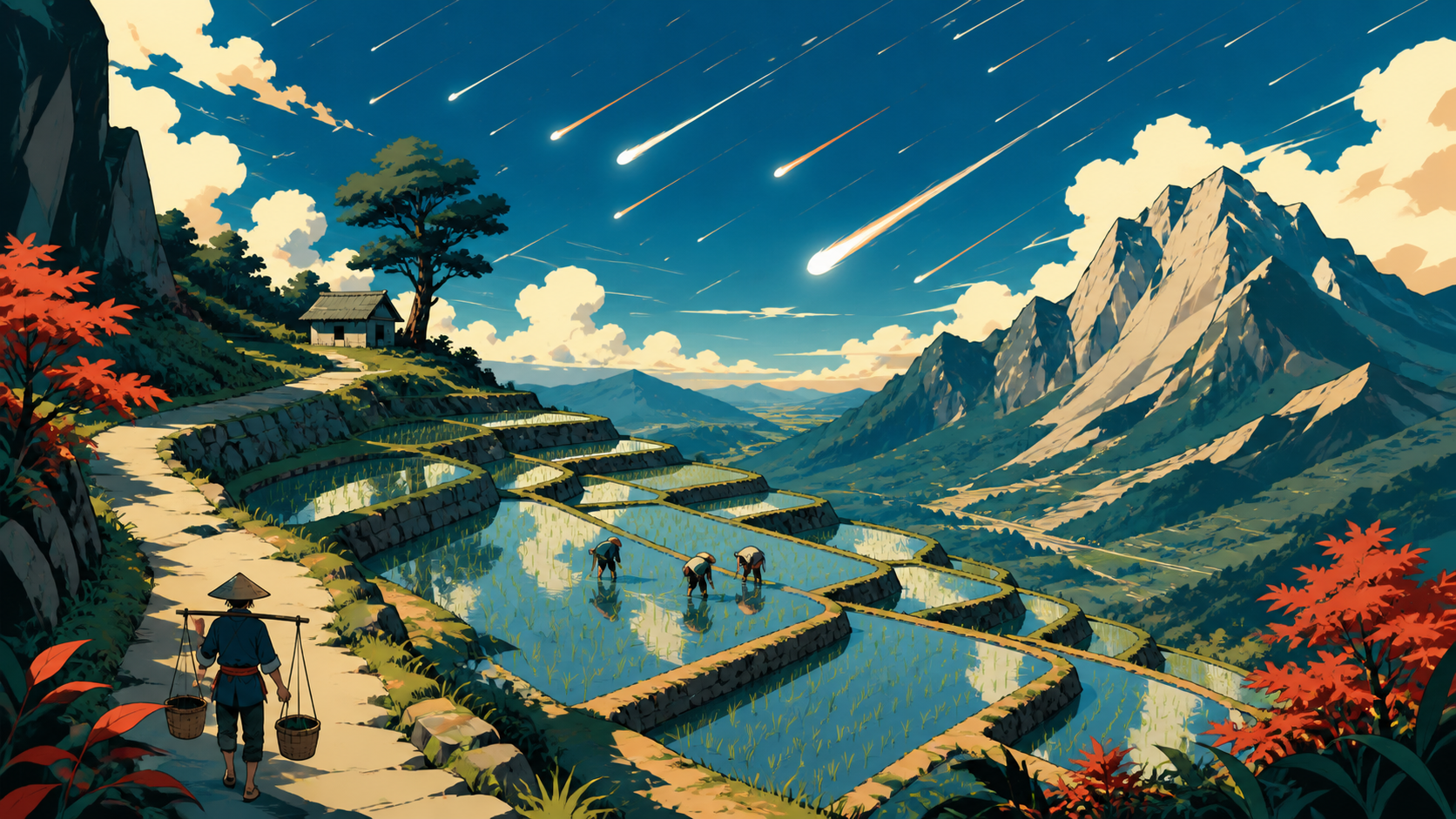 Terraced rice fields reflecting a meteor shower during planting season, with sparse human activity grounding an otherwise expansive landscape. Vertical scenic composition following a path through several elevations. Verm