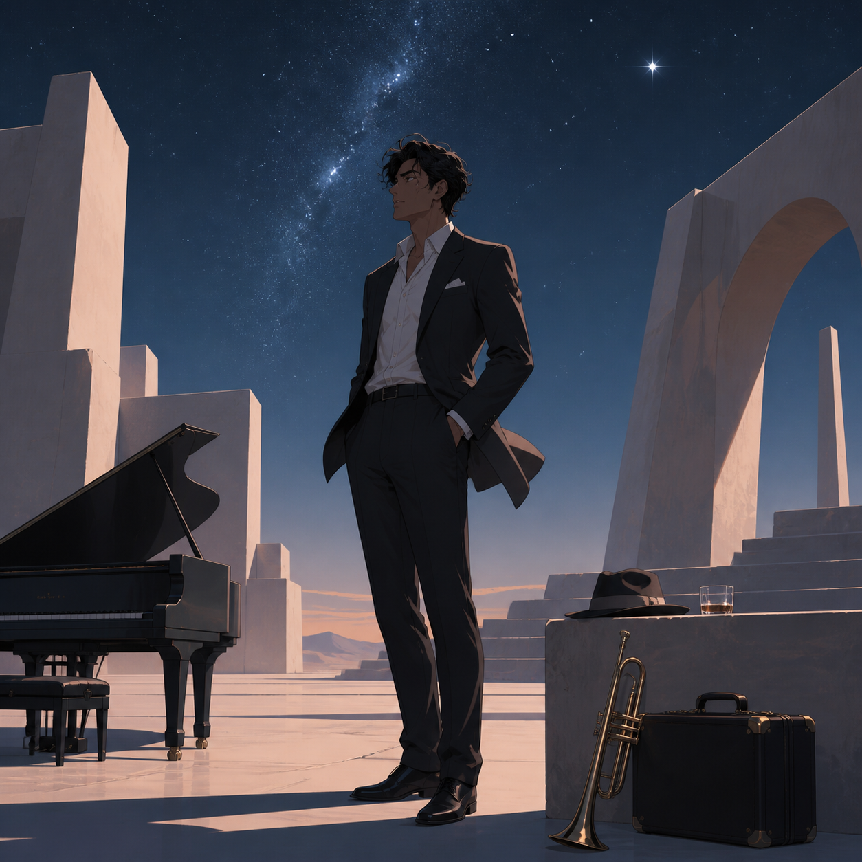 An adult male jazz singer in an immaculate suit after the final set, surrounded by a few objects that quietly reveal their history. Confident full-body editorial portrait with a strong graphic silhouette. Sun-bleached pe