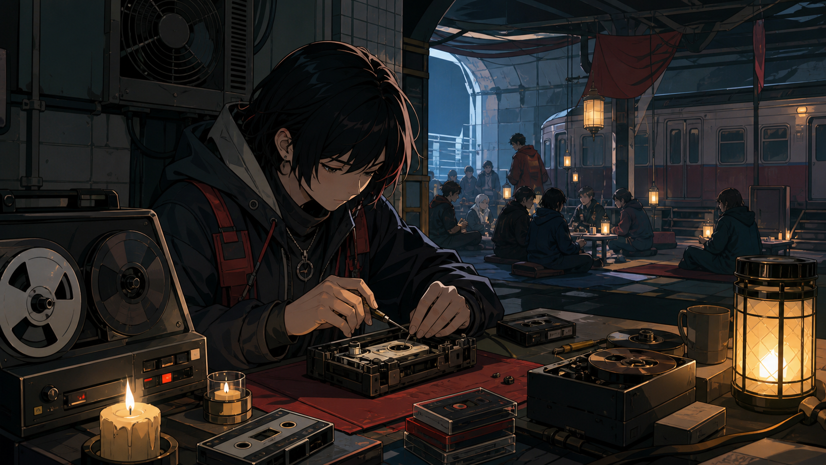 A quiet hacker repairing obsolete family recordings for local residents, inside a hidden but welcoming subculture with its own routines. Intimate workstation view with the larger gathering visible beyond. Pine black, sno
