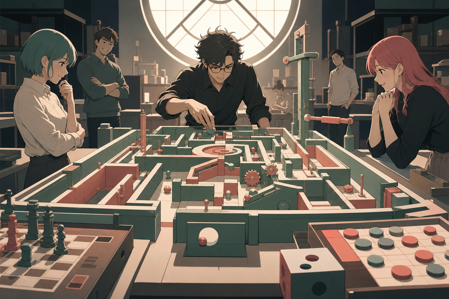 An adult puzzle designer testing a room-sized mechanical maze, shown through reactions and relationships rather than a view of the rules. Wide community-room scene with several games and one primary group. Celadon, coral