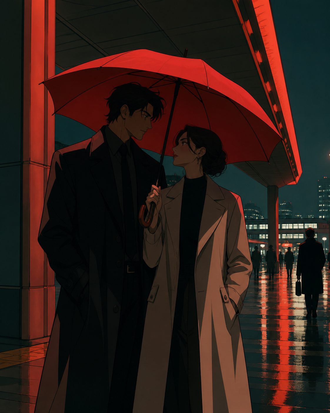 Two adult rivals sharing an umbrella after missing the last train, in a private-feeling moment surrounded by ordinary public life. Cinematic two-person frame using architecture and negative space to express the relations