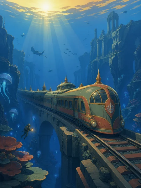 A sunken royal train crossing an ocean trench on intact rails, explored by a single tiny diver with a warm lantern. Wide underwater vista with light guiding the eye through multipl