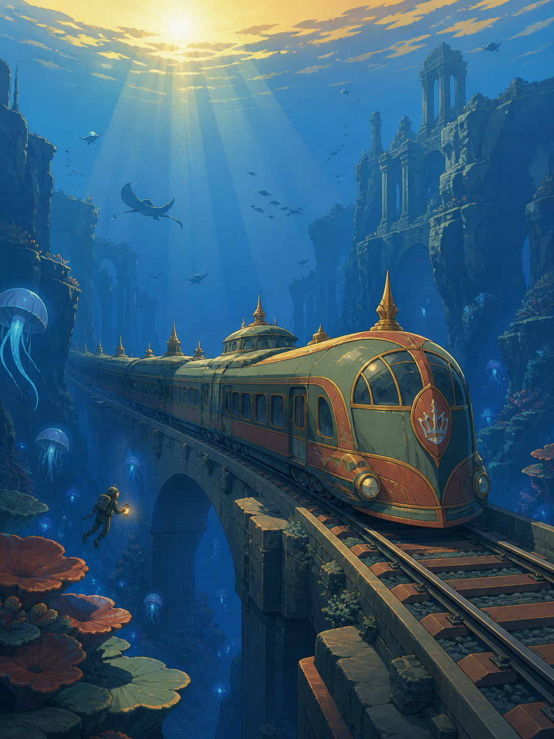 A sunken royal train crossing an ocean trench on intact rails, explored by a single tiny diver with a warm lantern. Wide underwater vista with light guiding the eye through multiple depths. Clay red, sage, faded denim, a