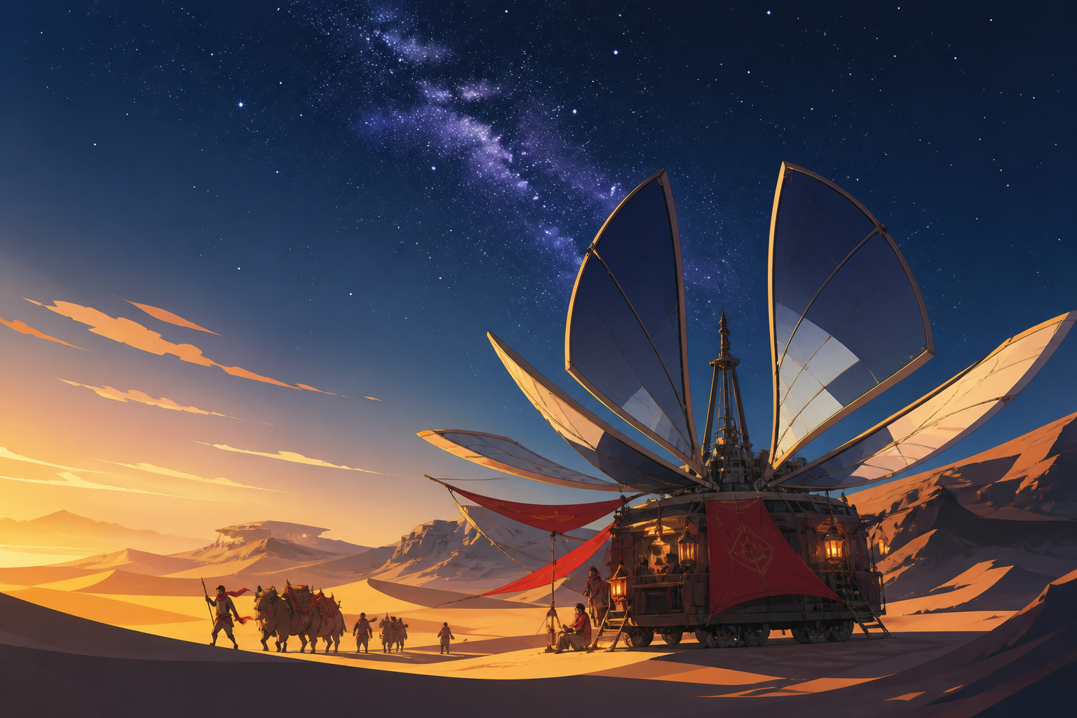 A nomadic observatory opening its mirrored sails beneath the Milky Way, during a difficult crossing made beautiful by unfamiliar weather. Extreme wide landscape with a small but readable journey crossing it. Pine black, 