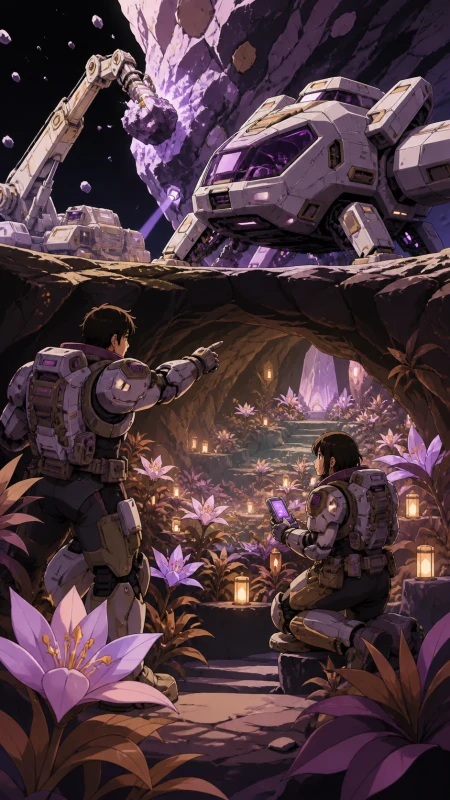 Two exosuit miners discovering a warm garden beneath an asteroid quarry, during a carefully coordinated operation with clear roles. Wide landing tableau with crew, vessel, and disc