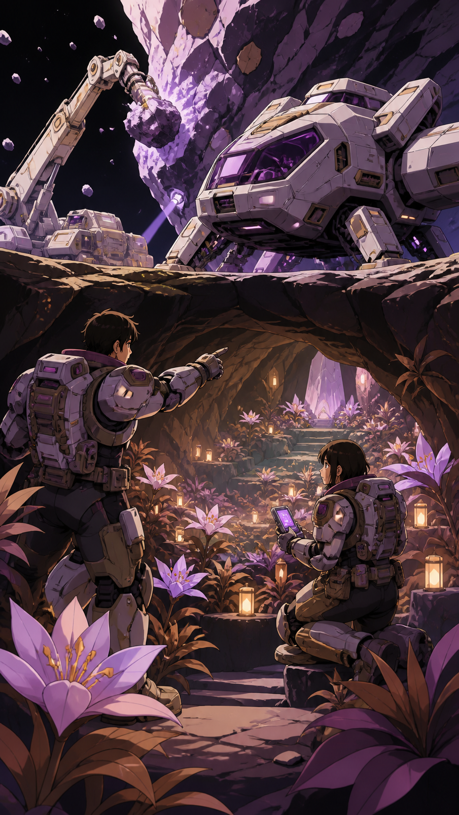 Two exosuit miners discovering a warm garden beneath an asteroid quarry, during a carefully coordinated operation with clear roles. Wide landing tableau with crew, vessel, and discovery in distinct layers. Mulberry, tea 