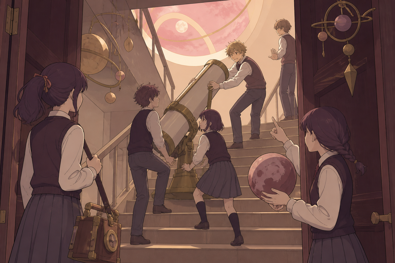The astronomy club carrying a telescope up too many stairs, as a failed plan turns into a better group idea. Doorway-framed candid scene with several small connected moments. Muted rose, parchment, muted plum, and antiqu