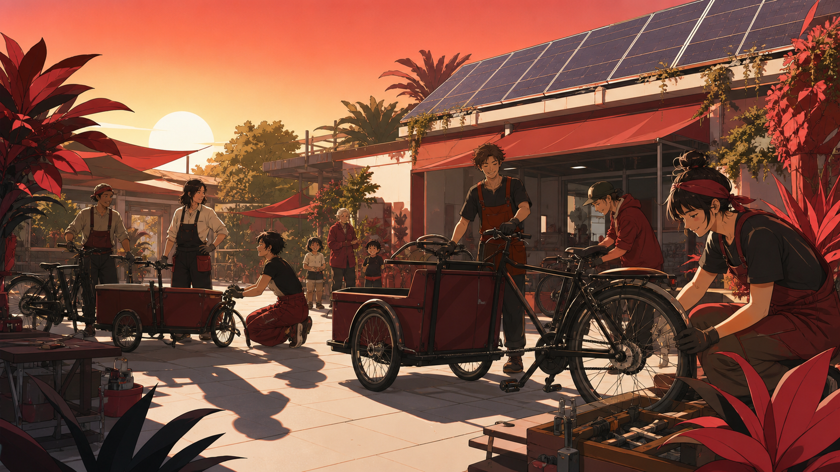 Bike mechanics maintaining a neighborhood cargo-cycle library, at the completion of a small project that visibly improves daily life. Wide courtyard ensemble organized around one shared activity. Crimson, black cherry, m