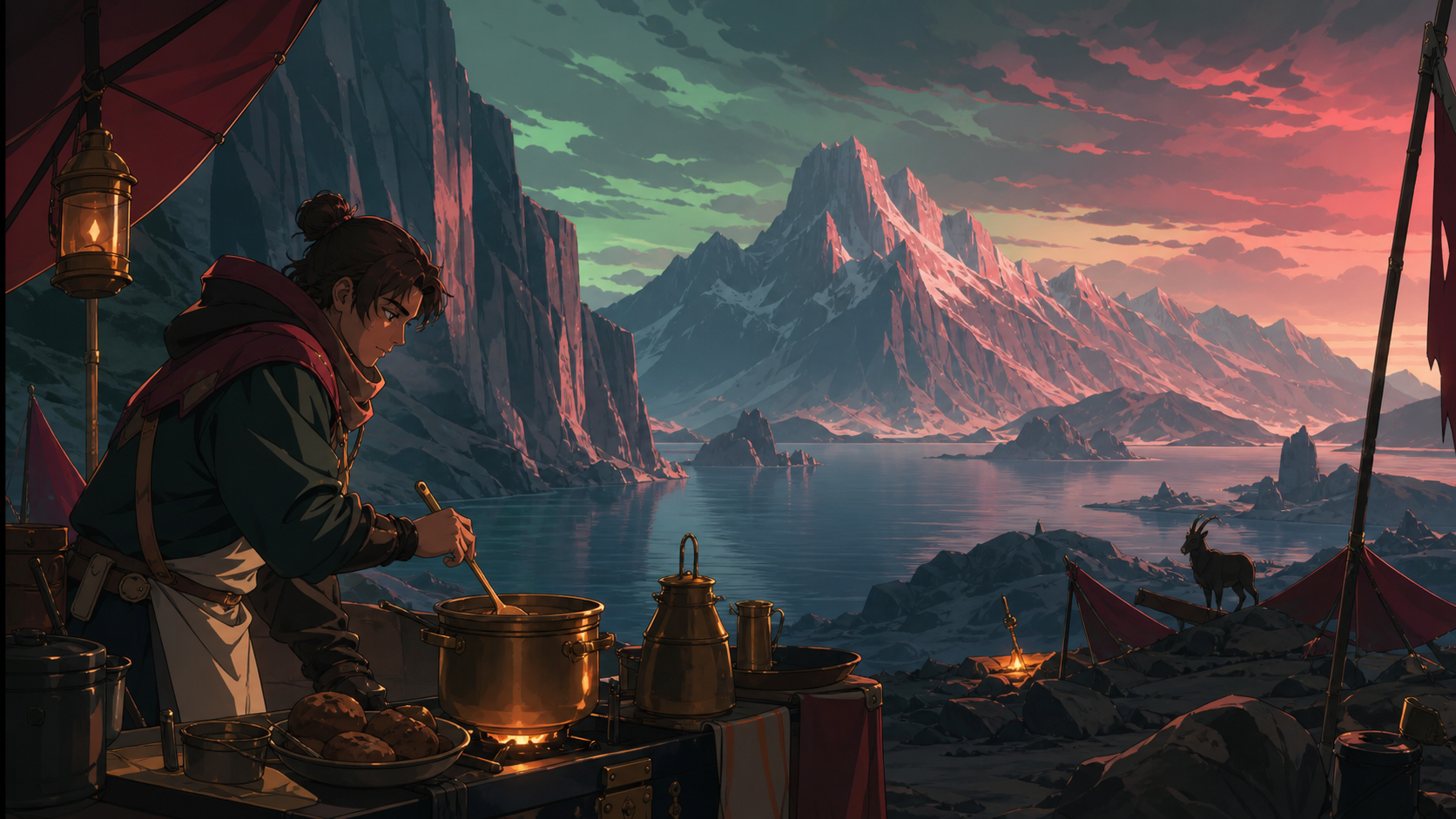 An expedition cook preparing supper beside a newly discovered inland sea, at the first unobstructed view of the expedition's destination. Medium camp scene opening onto a monumental distant view. Burgundy, midnight green