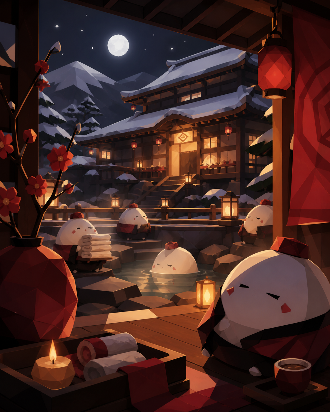 A sleepy mountain bathhouse managed by polite round spirits, on the first snowy night of the year. Cozy eye-level view with foreground objects framing the scene. Crimson, black cherry, muted bronze, and moon white. Boldl