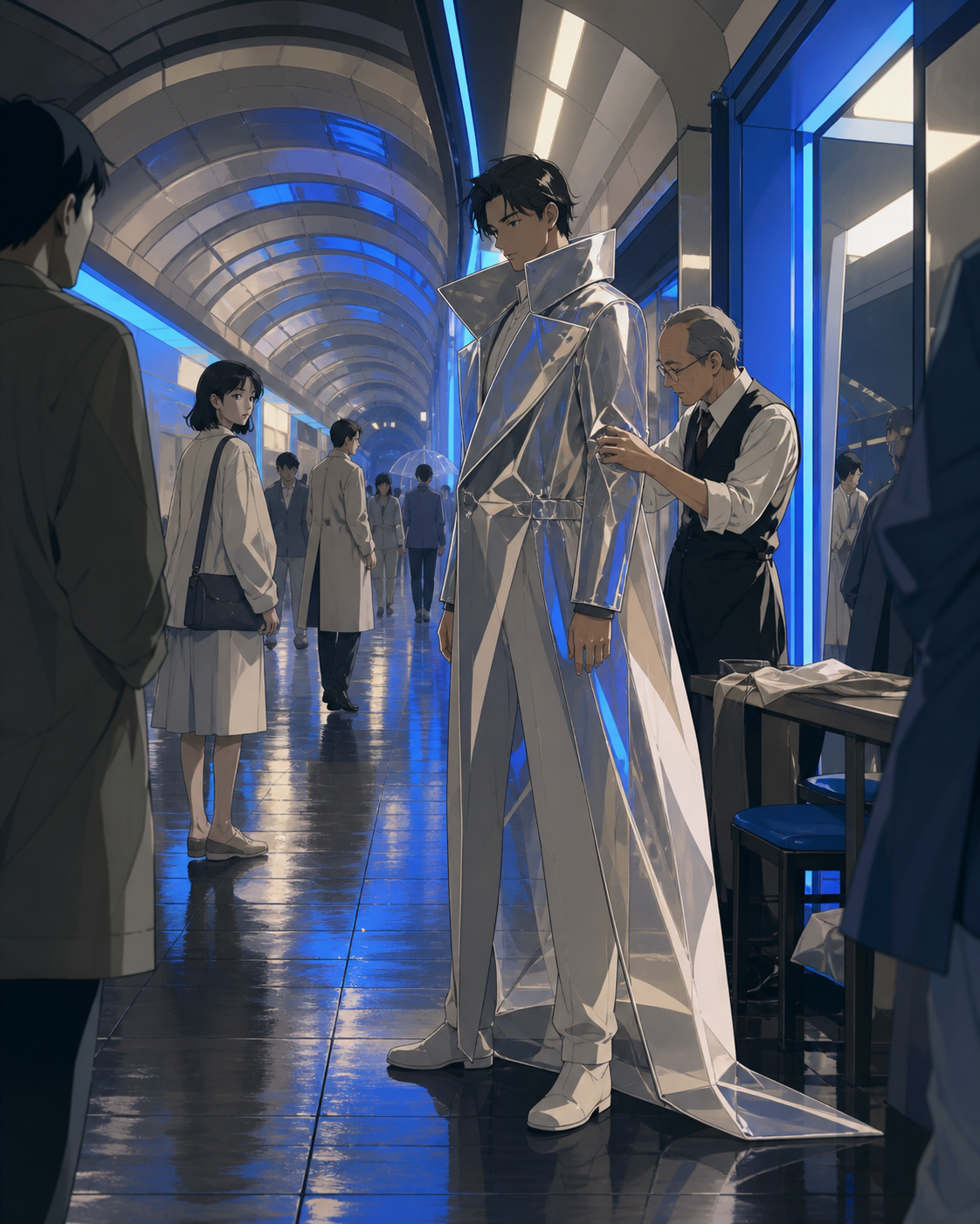 A tailor fitting an impossible coat in a crowded underground arcade, just after rain leaves every street reflecting a different color. Observational street-level frame with foreground movement and a clear focal story. So