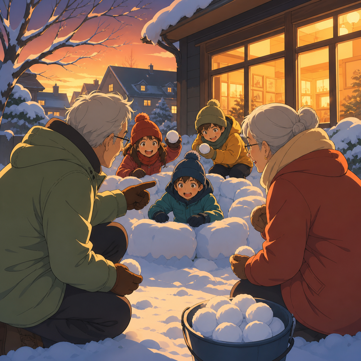 Grandparents leading a playful snowball strategy game, at the warm transition from afternoon into evening lights. Cozy evening composition balancing outdoor play and warm buildings. Clay red, sage, faded denim, and sunfl
