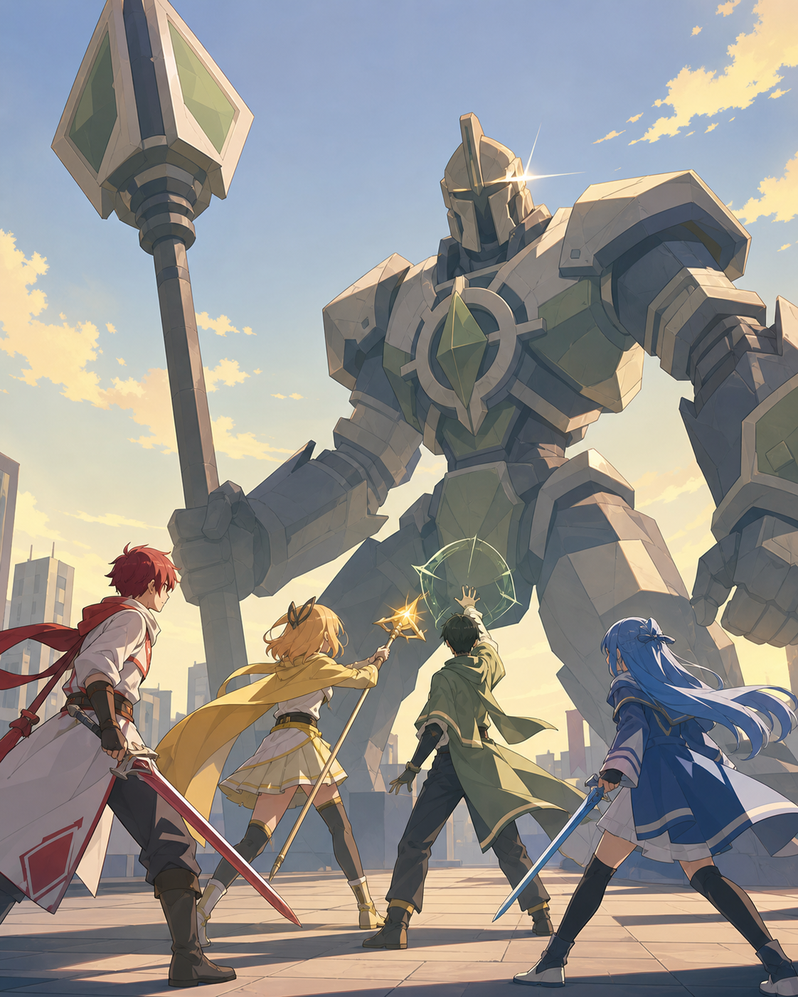 Young academy heroes coordinating against a giant training construct, during a high-energy but non-gory confrontation. Triangular composition connecting the team to one central threat. Soft pistachio, butter yellow, powd