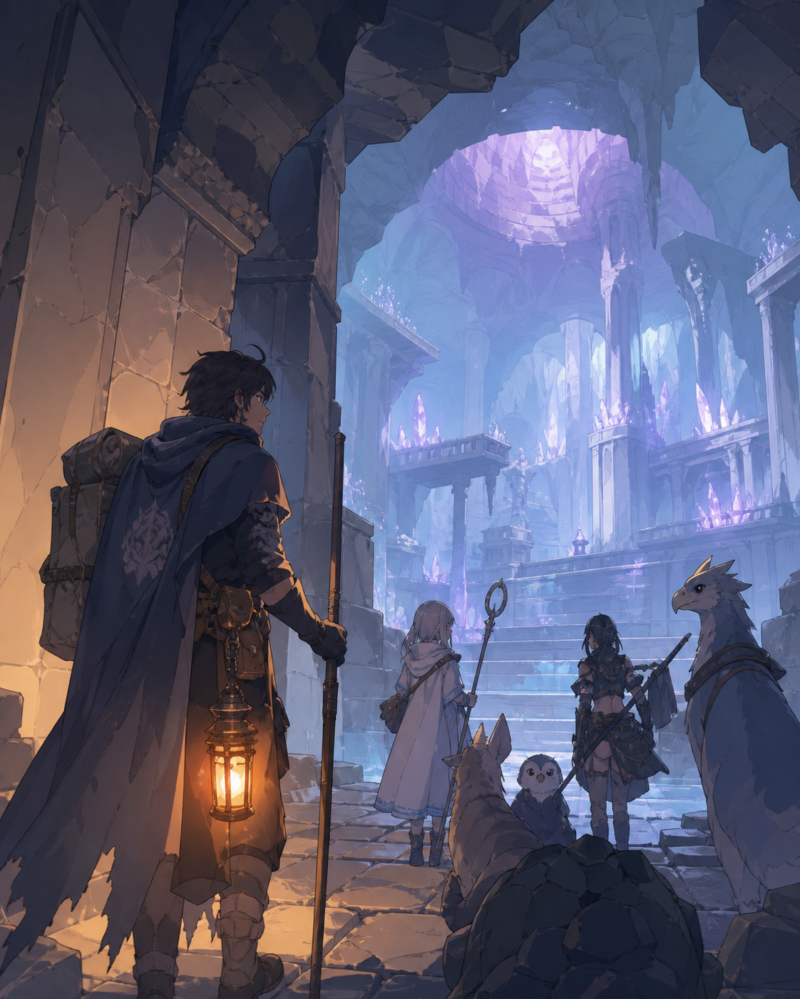 A weary guild escort guiding rescued creatures through bioluminescent ruins, at the first reveal of a spectacular unexplored chamber. Wide party tableau that makes the environment feel explorable. Pale lavender, icy blue