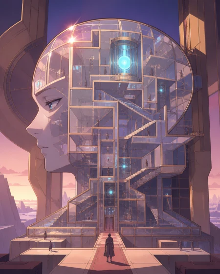 A portrait of loneliness represented as an inhabited glass maze, using one impossible transformation as the central visual rule. Bold gallery-poster composition with no typography.