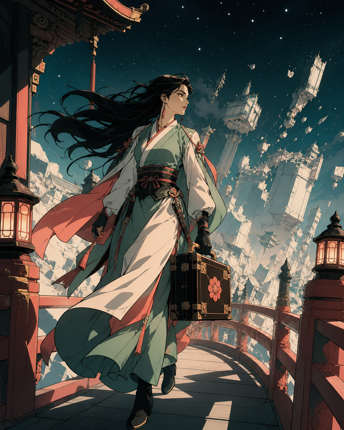 An adult woman shrine mechanic carrying a lacquered tool case, crossing a lantern-lit bridge as the city below loses gravity. Cinematic medium-wide frame with the environment carrying half the story. Celadon, coral pink,