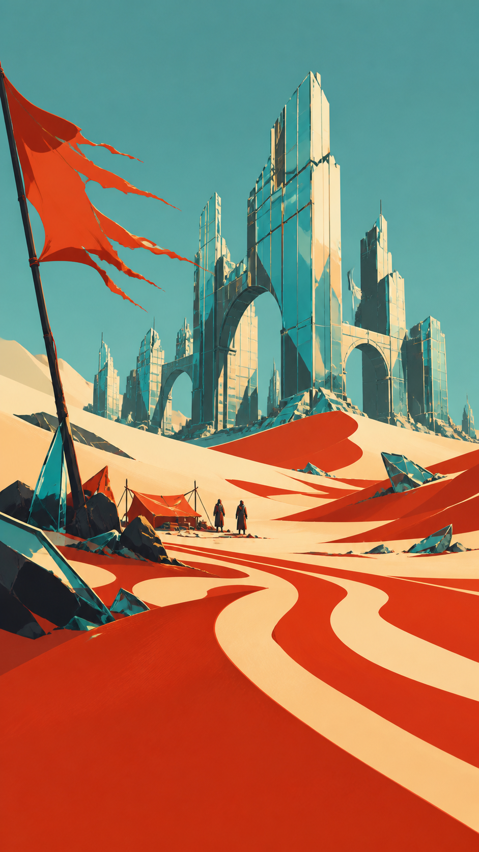 A glass ruin emerging from dunes after a rare electric storm, with tiny travelers and camp details emphasizing the monumental landscape. Low desert viewpoint using foreground wind patterns to lead toward the destination.
