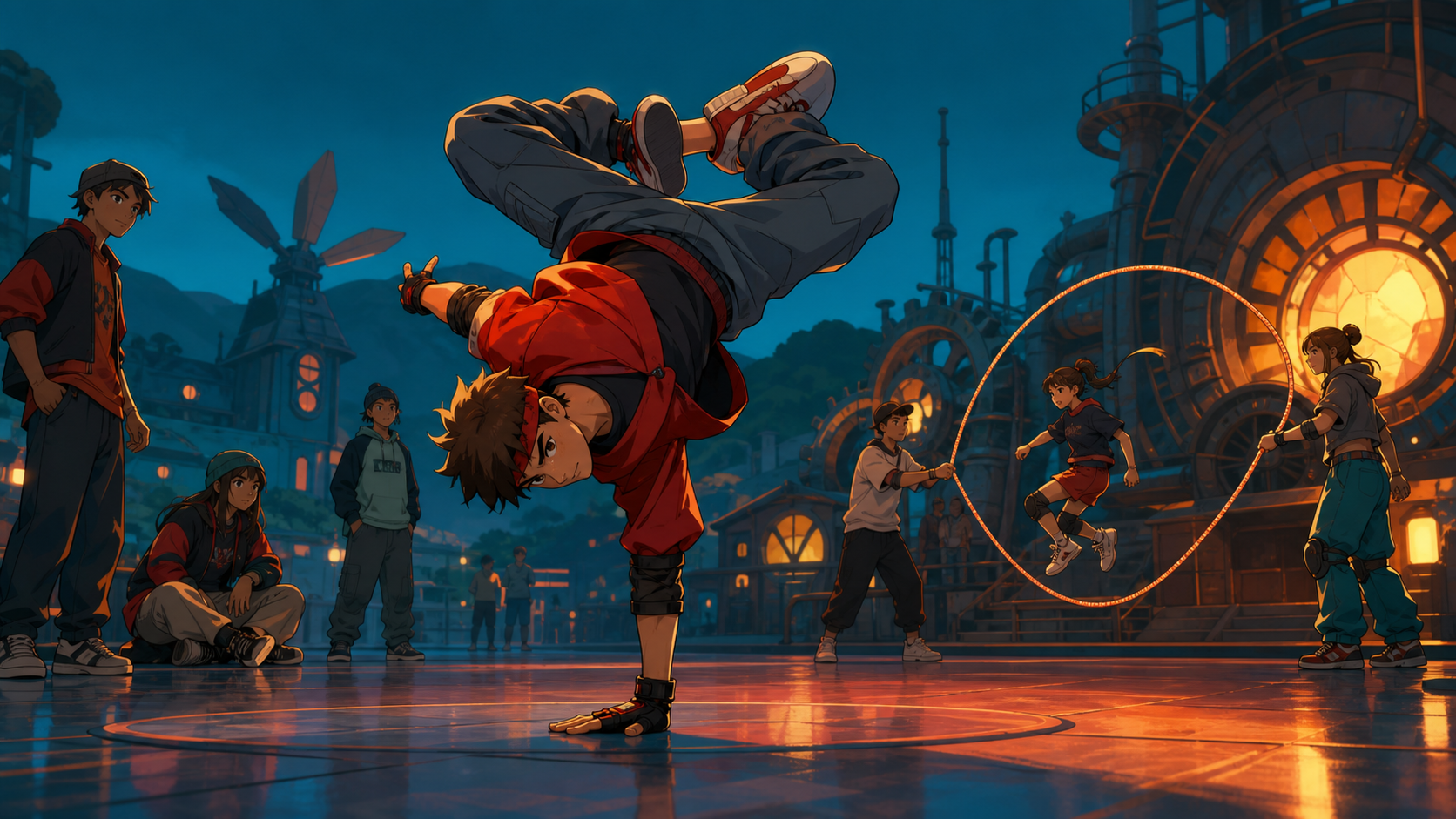 Breakdancers and jump-rope performers sharing a public plaza, at the clean peak of one difficult movement. Side-on sequence-like frame with one athlete as the clear focal point. Petrol blue, oxide red, industrial gray, a