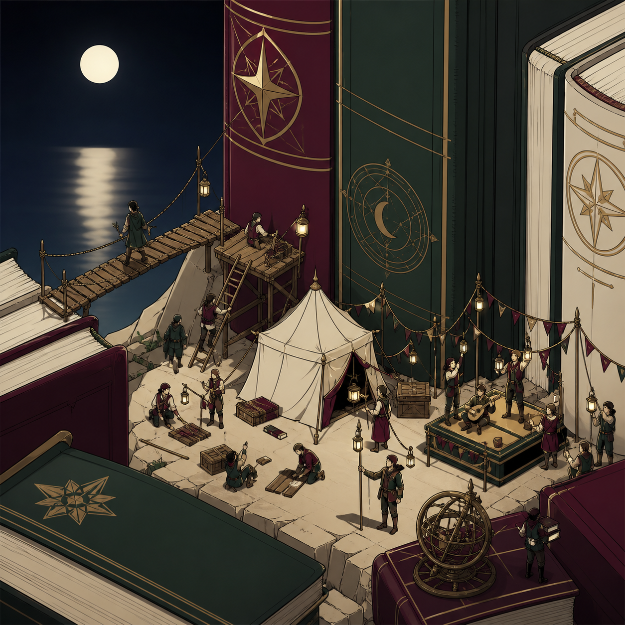 Tiny explorers establishing a camp between enormous library books, during a miniature festival full of delicate points of light. Isometric-like miniature vista with multiple readable zones of activity. Burgundy, midnight