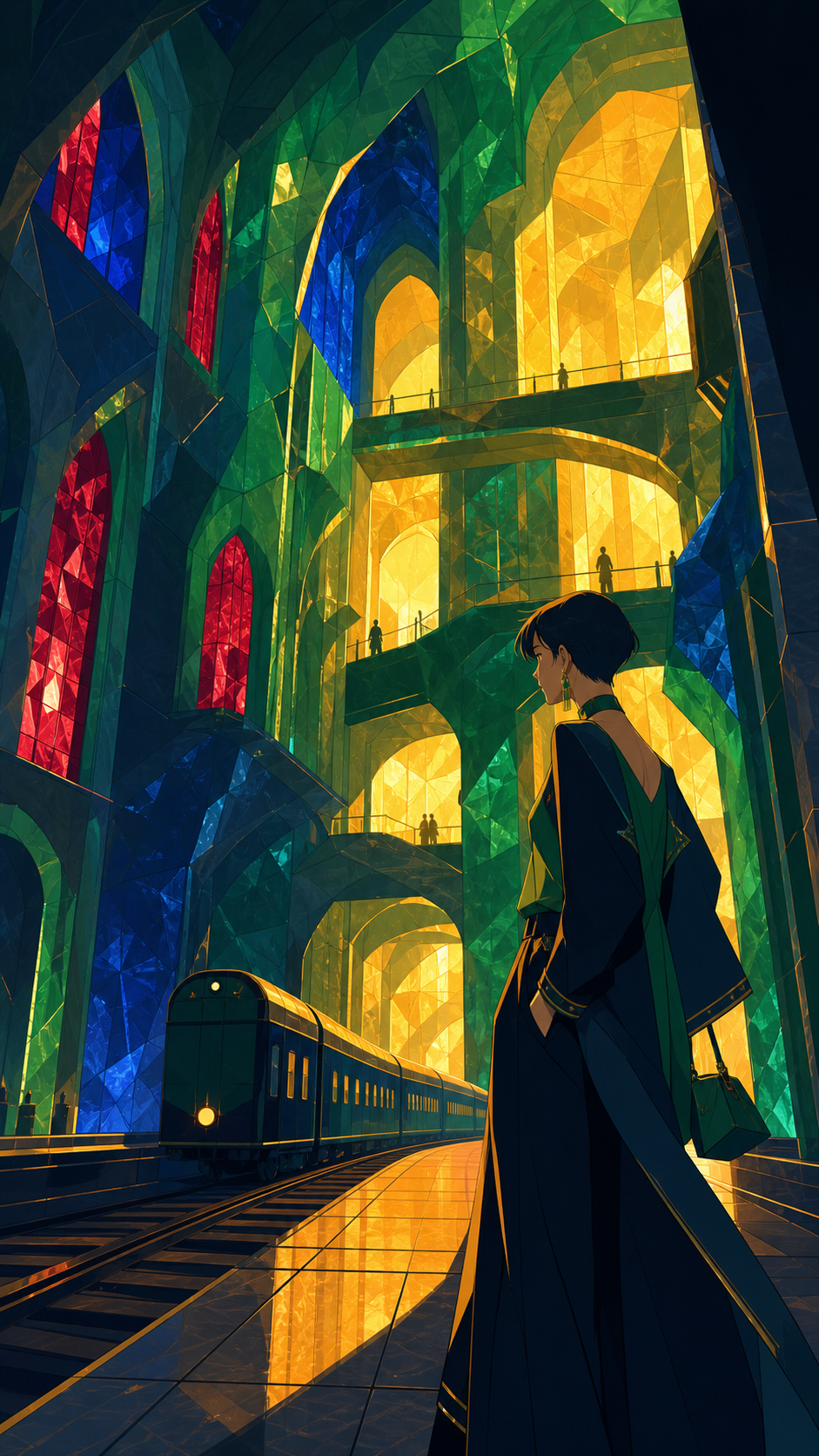 An underground railway cathedral carved from luminous salt, during a storm that illuminates every interior room at once. Dramatic vertical composition emphasizing scale and impossible geometry. Emerald, stained-glass rub