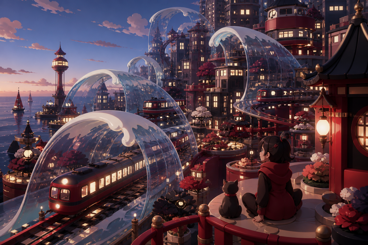 A vertical coastal city whose transit lines move through enormous transparent waves, during the blue hour as thousands of windows begin to glow. Grand city panorama balanced by one intimate foreground detail. Crimson, bl