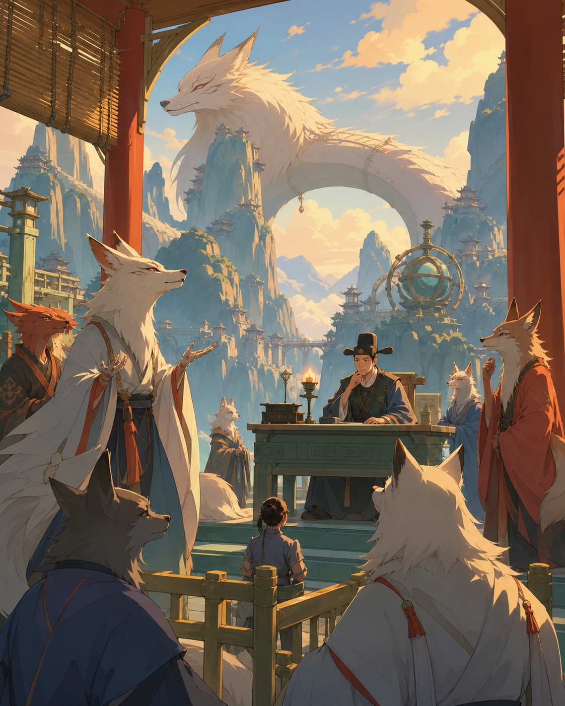Fox spirits debating a mortal magistrate inside a bamboo court, during a mythic trial with consequences for both heaven and earth. Wide mythic landscape with one giant creature linking distant peaks. Amber, walnut brown,